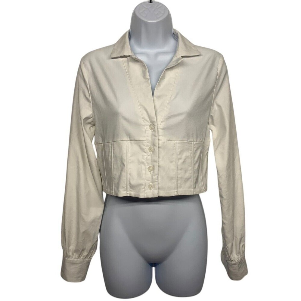 CBR Chic Women’s size M White Cropped Shirt Long Sleeve Rivets Stretchy